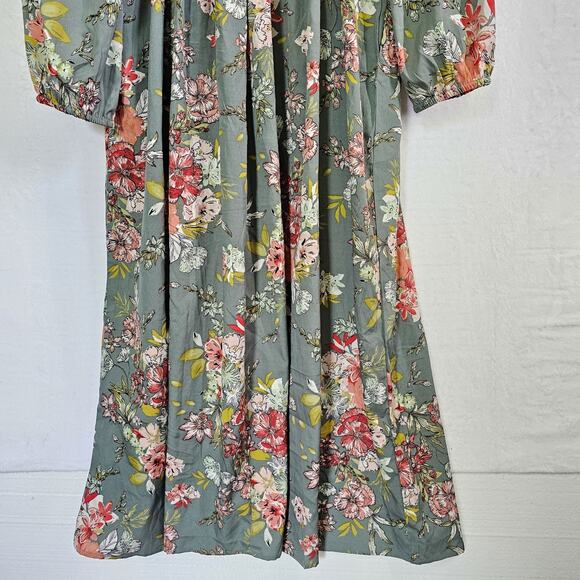 BOG Collective Dress L Green Milkmaid Peasant Floral Cottagecore Smocked Boho - Picture 9 of 15